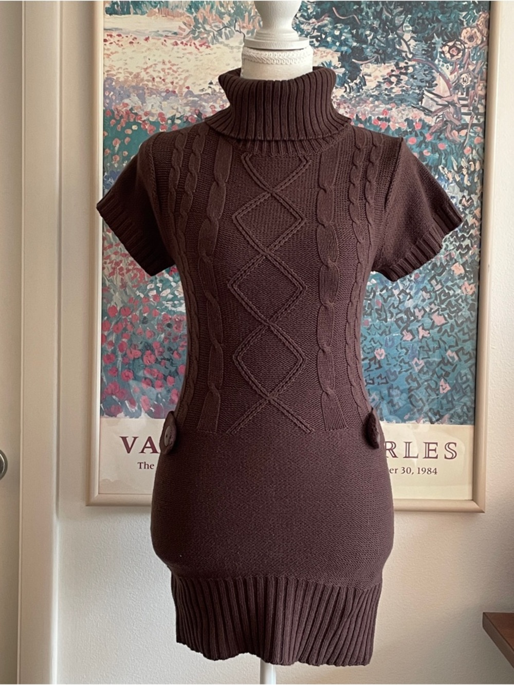 y2k preppy twee academia brown turtleneck cable knit short sleeve dress small